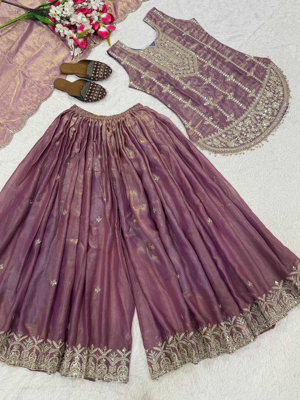 Attractive Look Heavy Silk Lavender Top Palazzo With Dupatta For Reception Wear