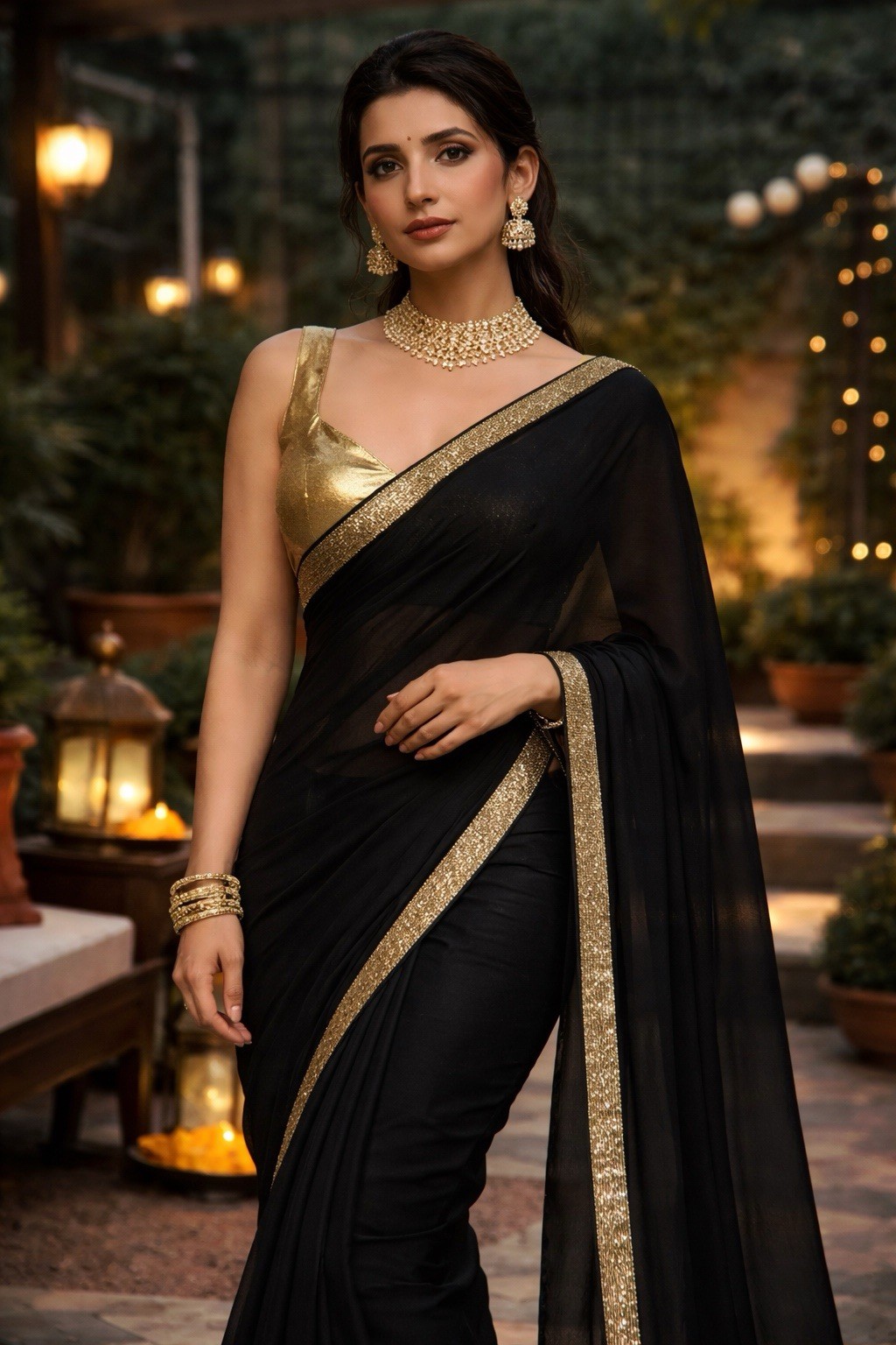 Pre-stitched Black Saree with Gold Border & Matching Blouse for Women
