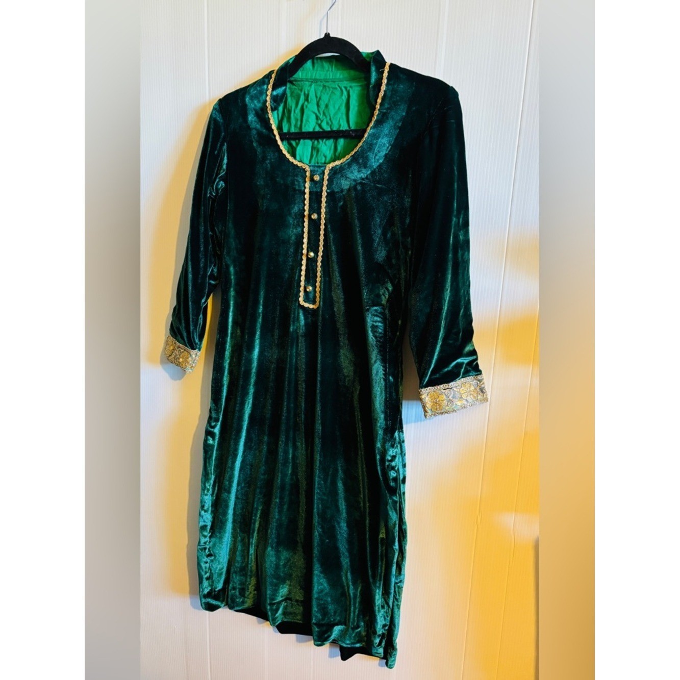 Emerald Green Velvet Tunic with Gold Trim Kurta hand made