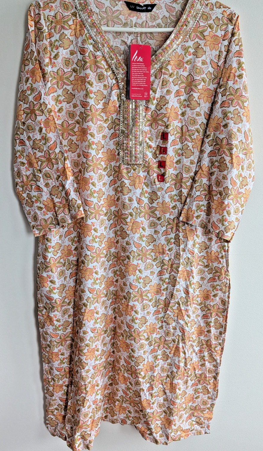 Kurta Top Tunic Printed & Embroidered V-Neck Side Pocket Festive Party Wear Sz L
