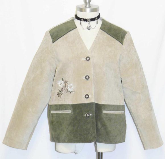 BEIGE & LODEN GREEN / LEATHER Women German Hunting Western Over Coat JACKET 14 L