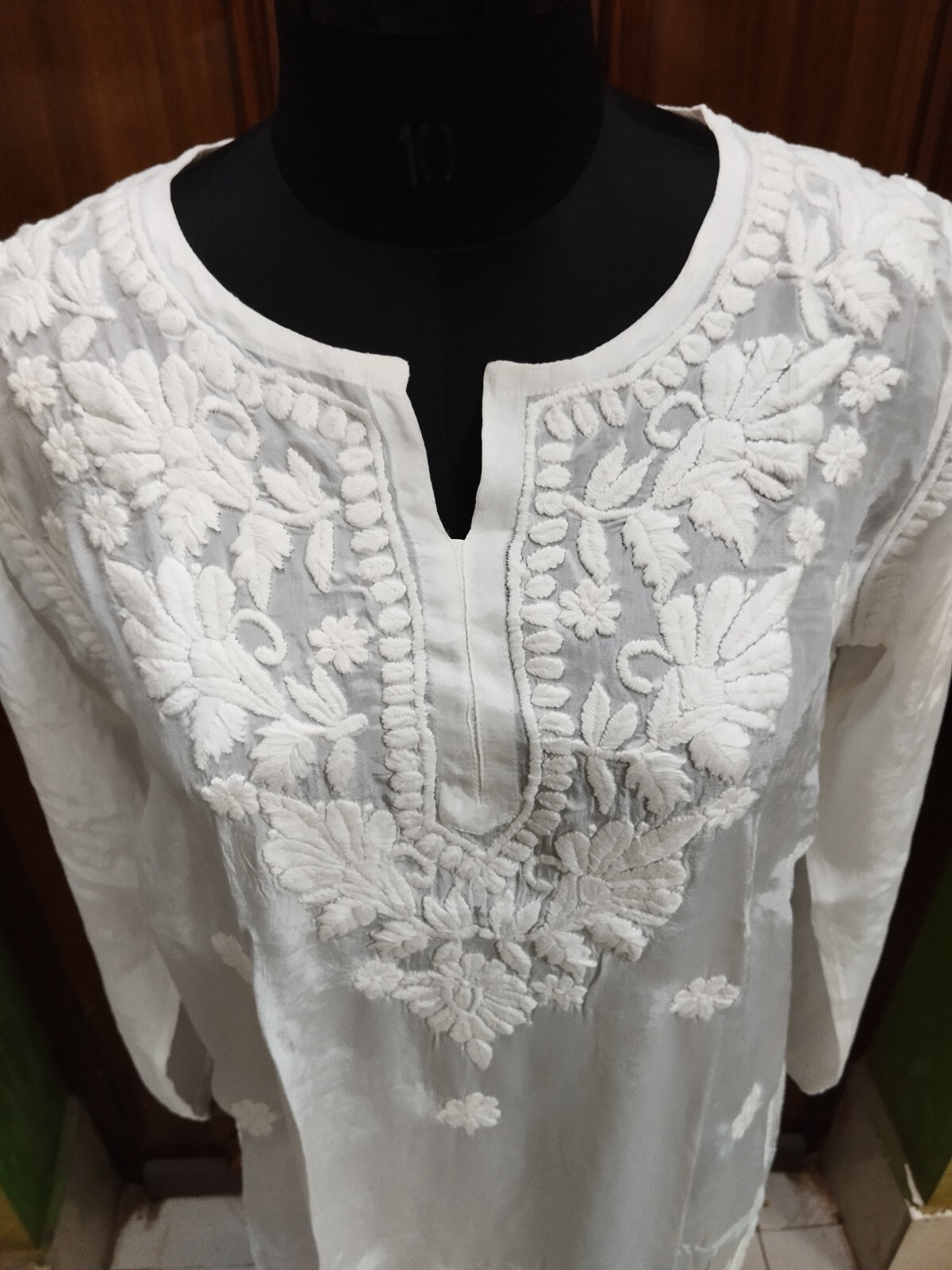 LONG PURE CREPE 3D CHIKAN EMBROIDERY S M L XL 2XL HANDMADE ETHNIC KURTA KURTI