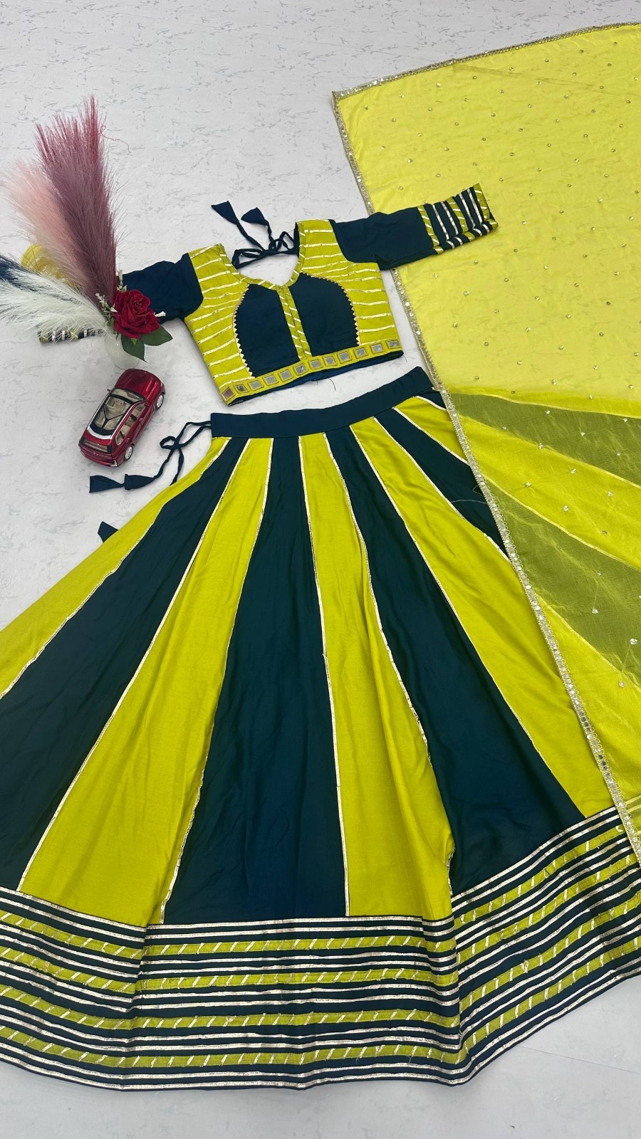 Yellow Dark Green Lehenga Choli Set with Dupatta Navratri Festival Wear Ethnic