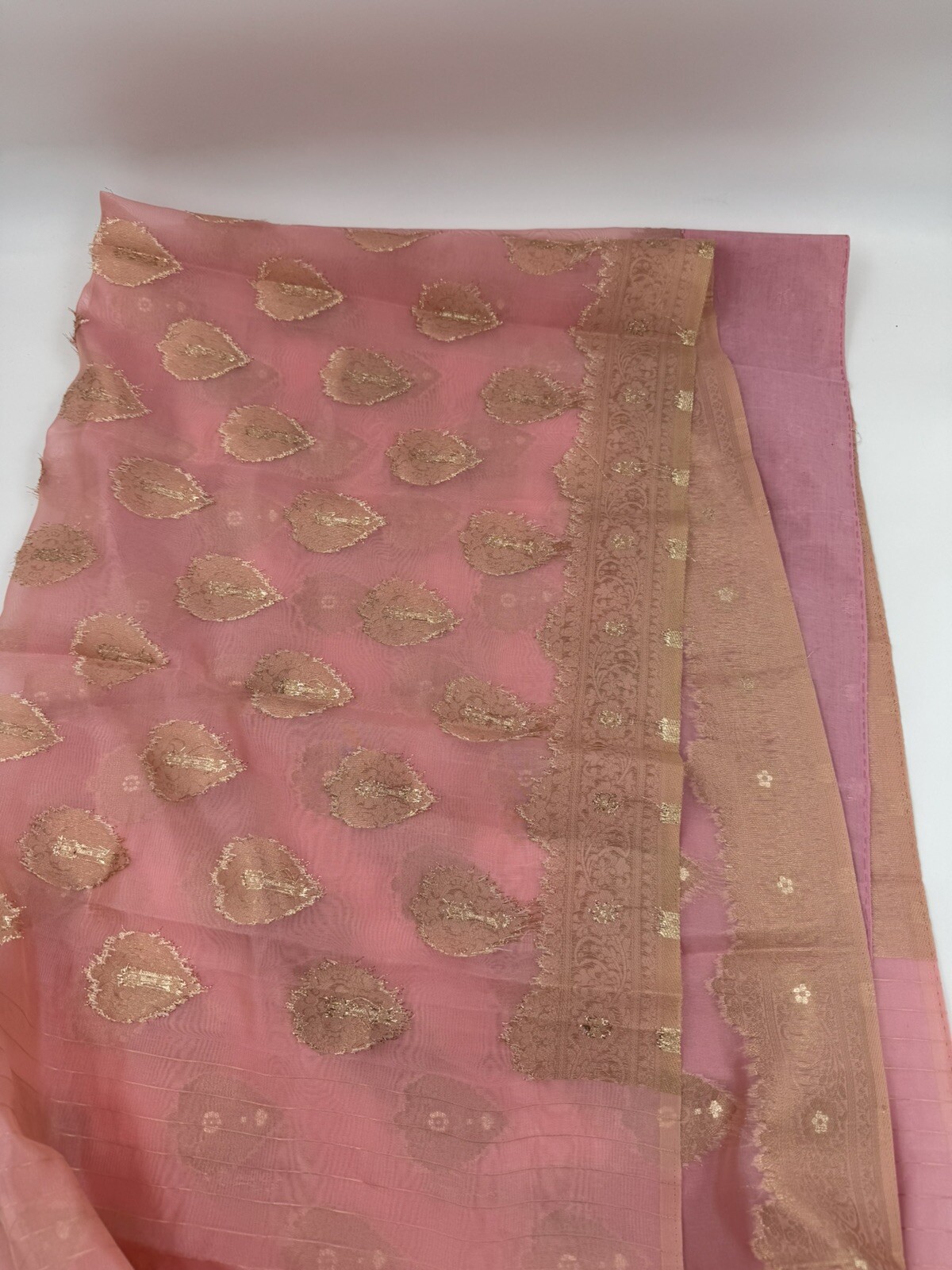 Saree Craft Material Gold Pink Print Indian Fabric Sheer 46″ W X 5.8 YDs Silk