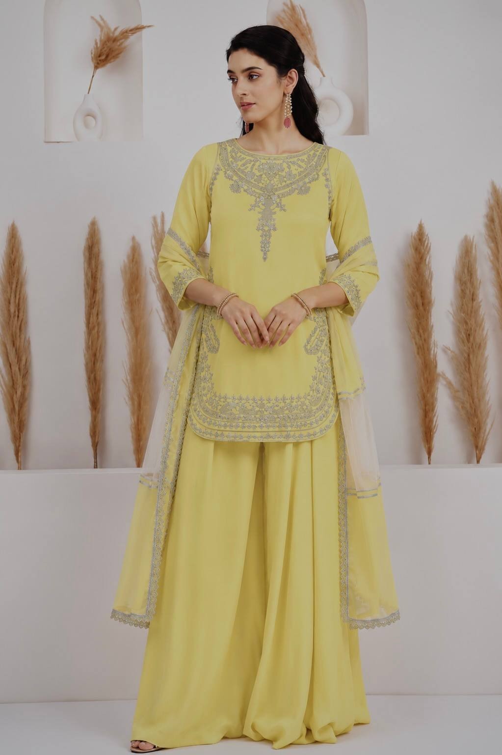 Yellow Natural Crepe Silk Beautiful Kurta Palazzo With Dupatta For Wedding Wear