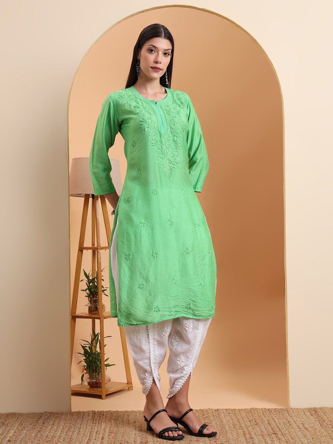Women Green Chanderi Chikankari Kurta |Embroidered Straight Kurti |Festive Wear
