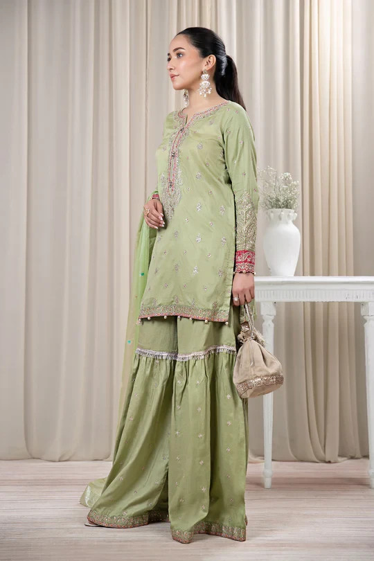 Maria B 3 Pc Embroidered Lawn Suit Women’s Unstitched Beige Green Dress