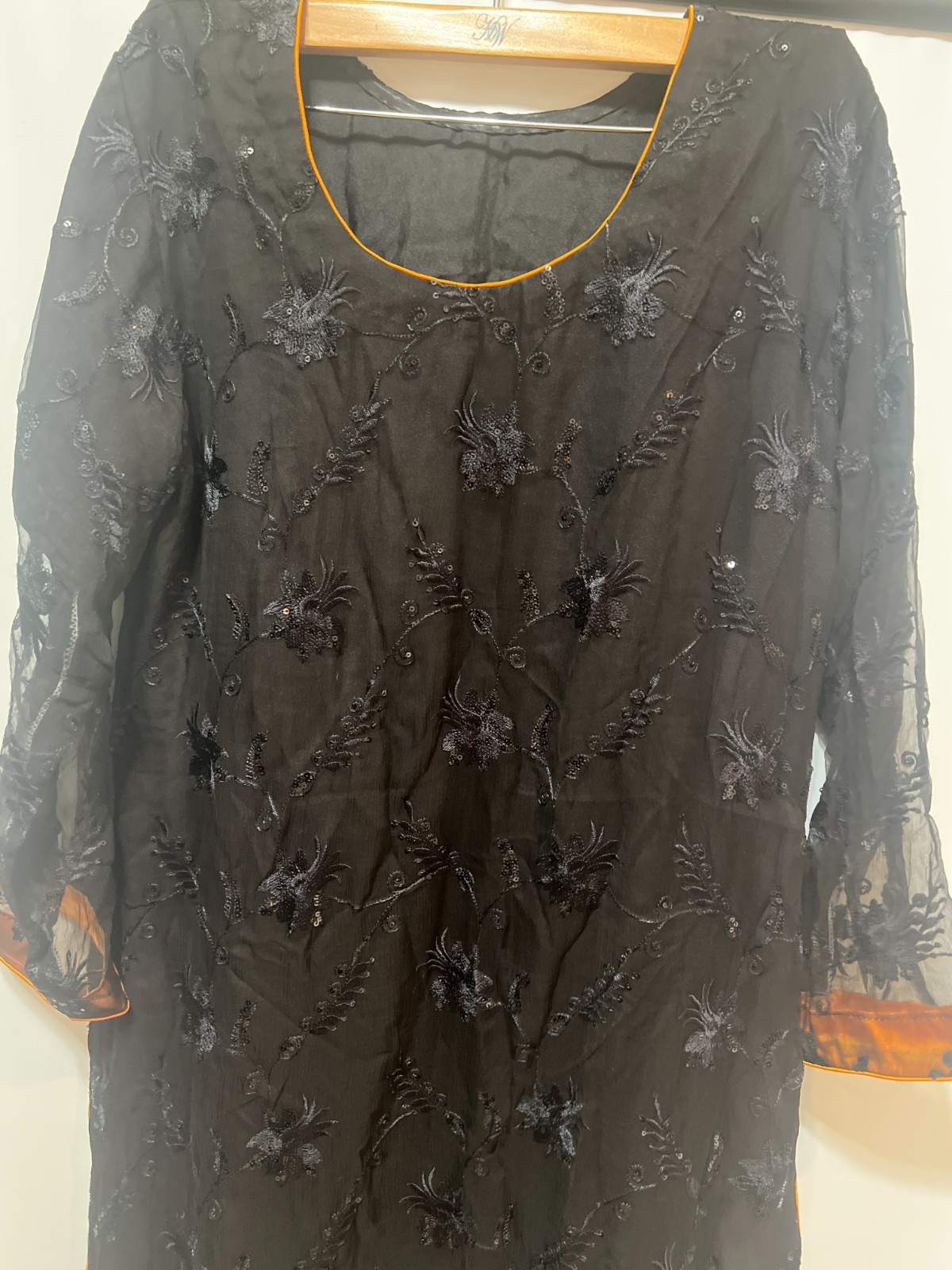 Black Orange Embroidered Sheer Kurta Tunic Top Size Unknown Pit to Pit 20
