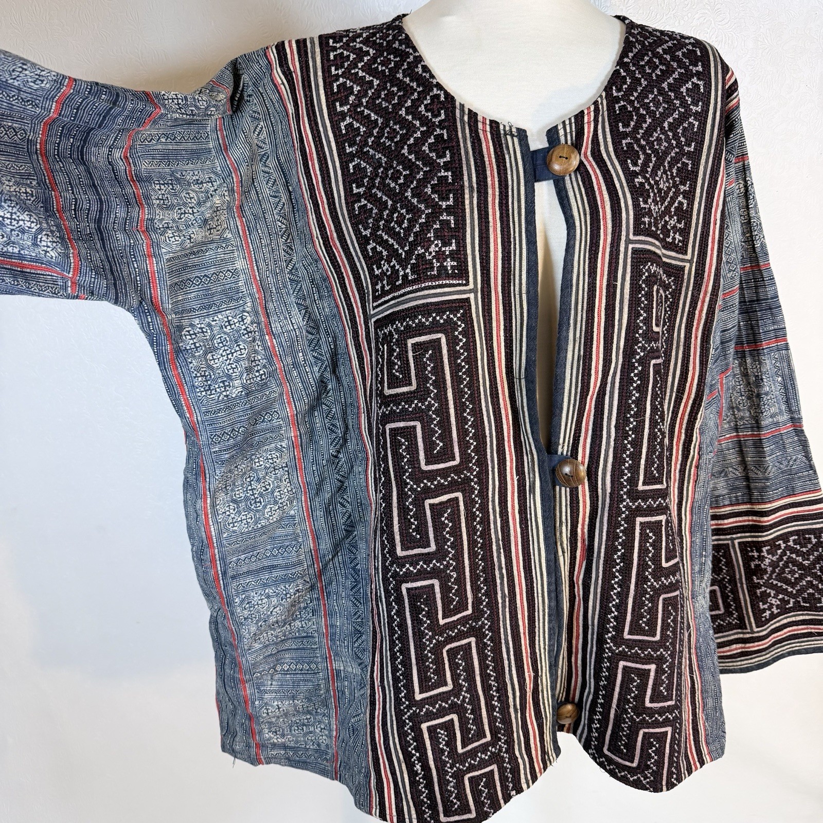Vintage Hmong Handwoven Ethnic Jacket XL Blue Indigo Geometric Tribal Pattern