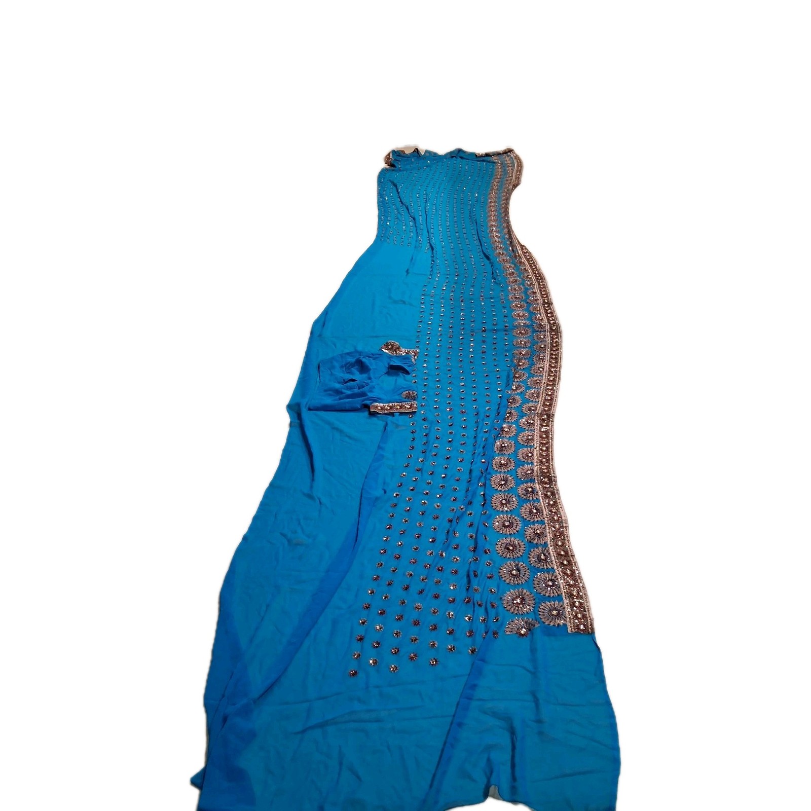 Indian Sari Saree Set Teal Blue Sequin Beaded Wedding Party w/ Blouse dress
