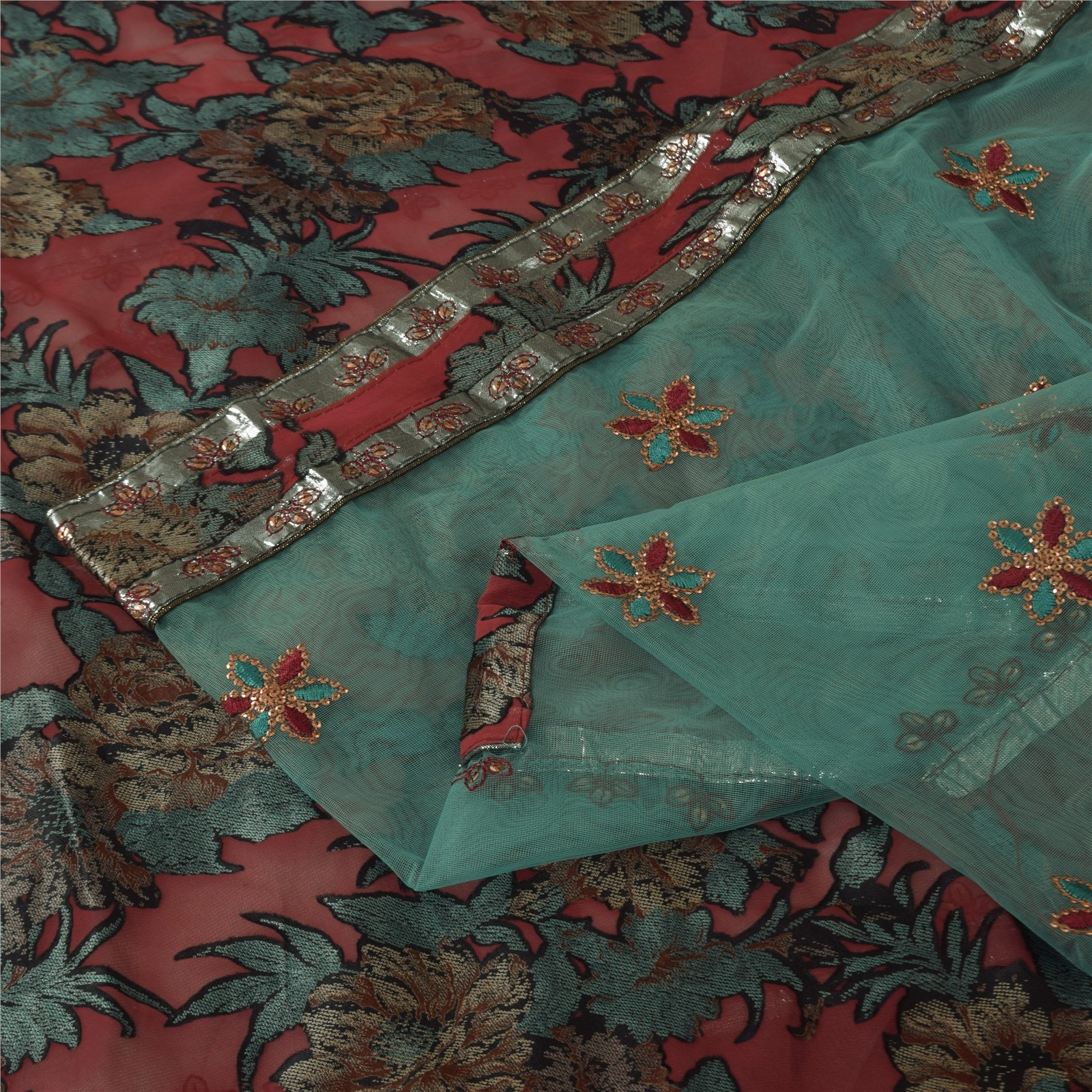 Sanskriti Vintage Red/Green Sarees Art Silk/Net Embroidered Premium Fabric Sari