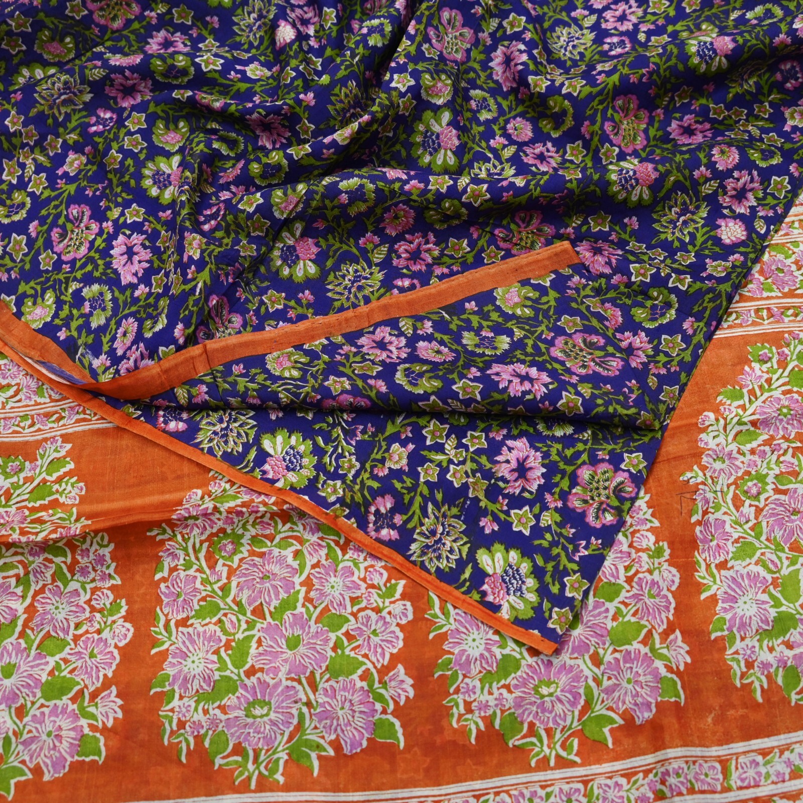 Vintage Sari Orange & Purple Printed Pure Silk Sarees Craft Fabric 5yd Sewing