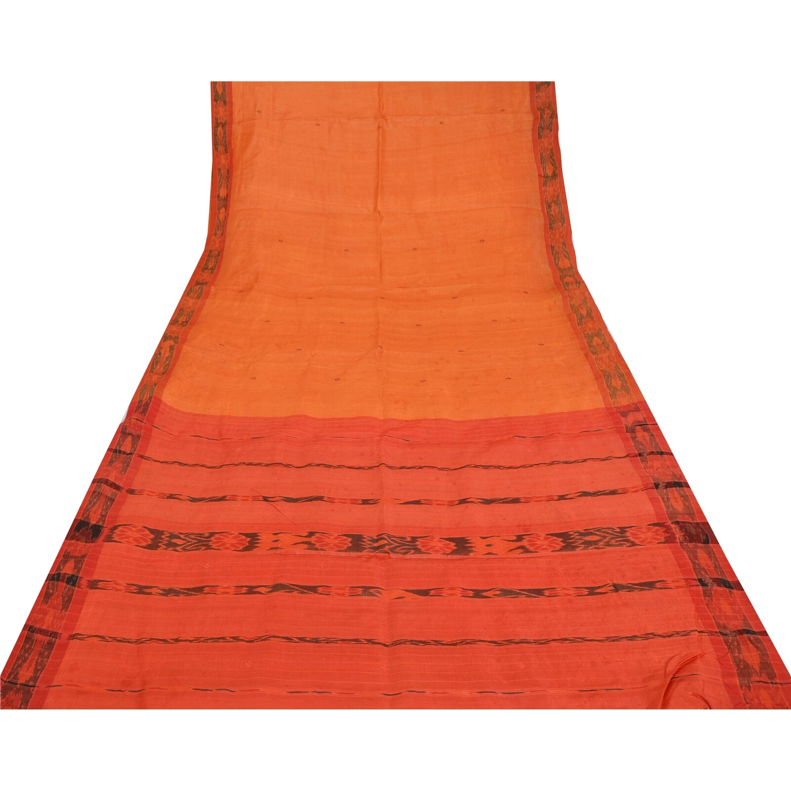 Sanskriti Vintage Orange Sambalpuri Ikat Sarees Hand-Woven Pure Silk Sari Fabric
