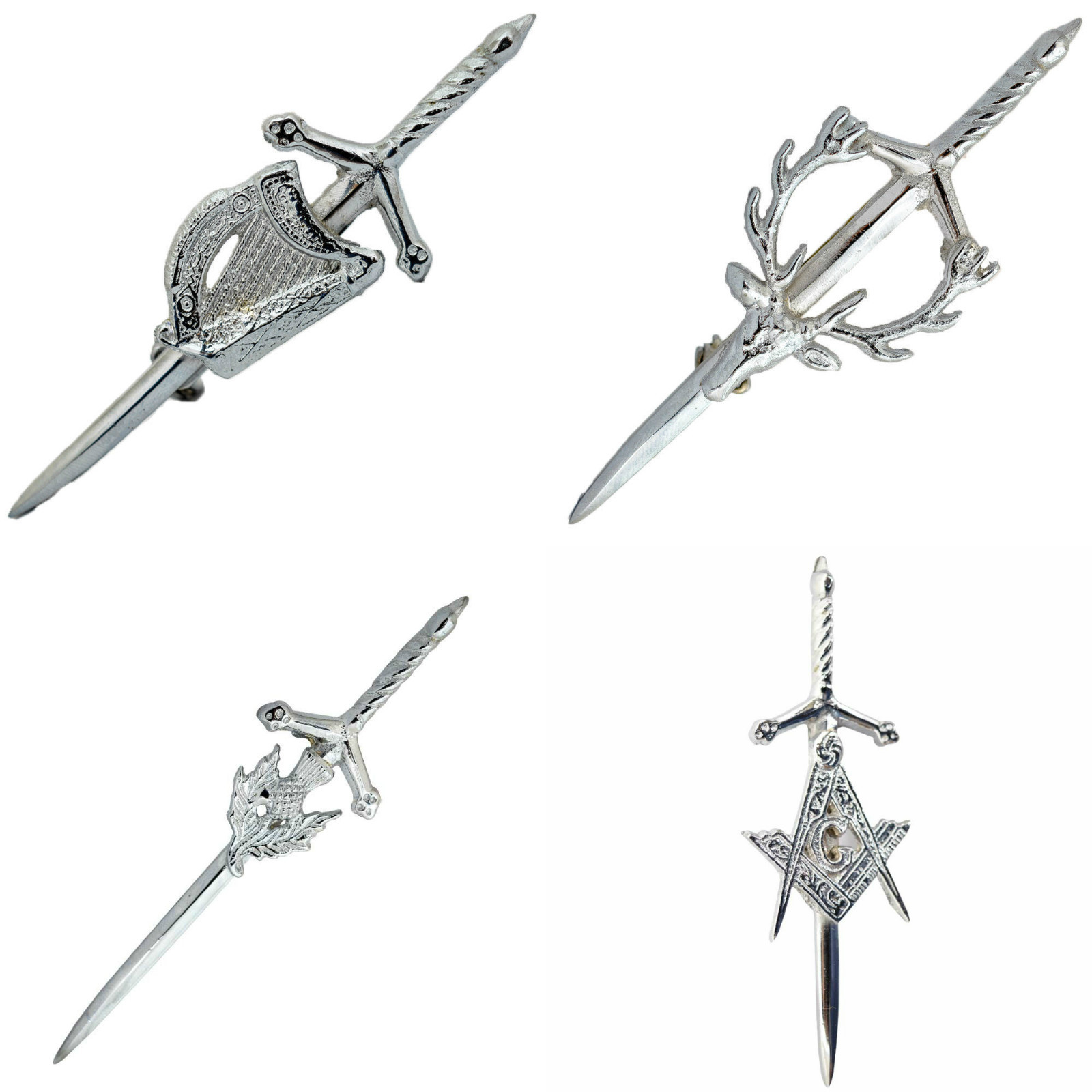 Scottish Thistle Kilt Pin Various Chrome Finish 4″ Pins Brooches Stag Head Harp