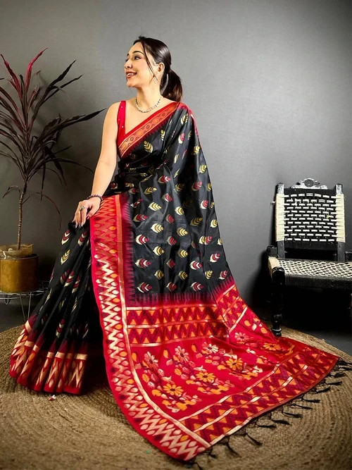 Women’s Black Ikkat Minakari Soft Silk Saree with Unstitched Blouse