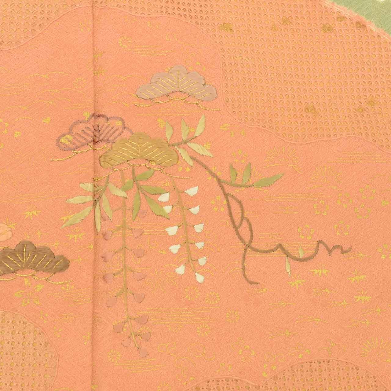 Vintage Japanese Kimono | Houmongi | Orange Silk | Pine Floral | uu2732b