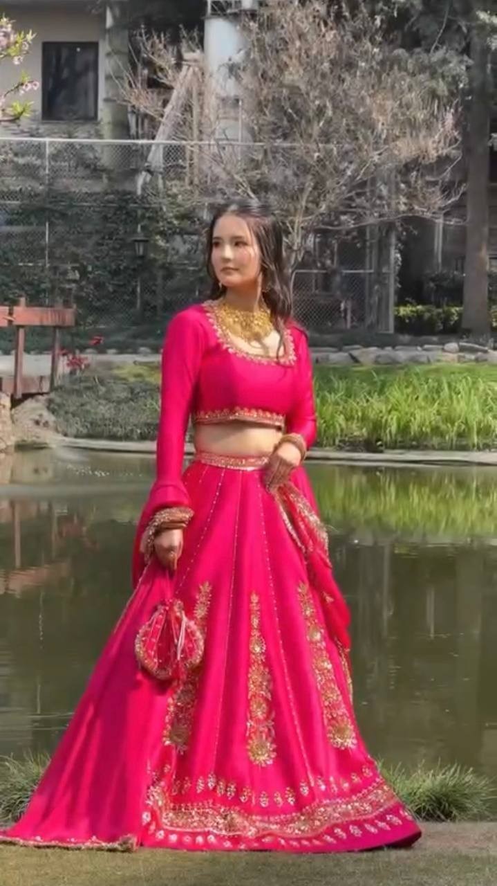 Latest Beautiful Chinon Silk Pink Lehenga Choli With Dupatta For Wedding Wear