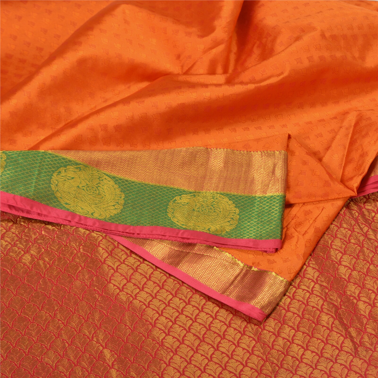 Sanskriti Vintage Orange/Pink Sarees Art Silk Woven Brocade/Banarasi Sari Fabric