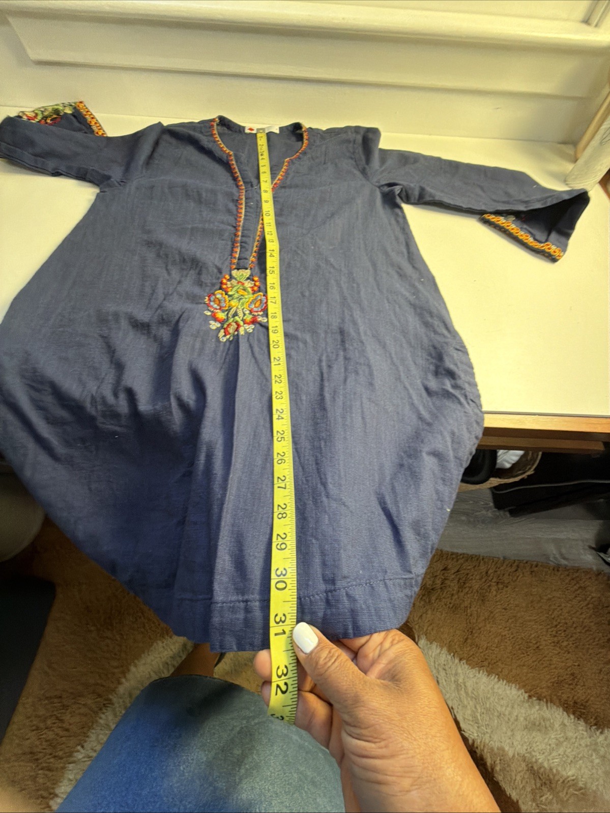 Khaadi Navy Blue Embroidered Kurta Blouse Top Women’s size 8 Boho Cotton