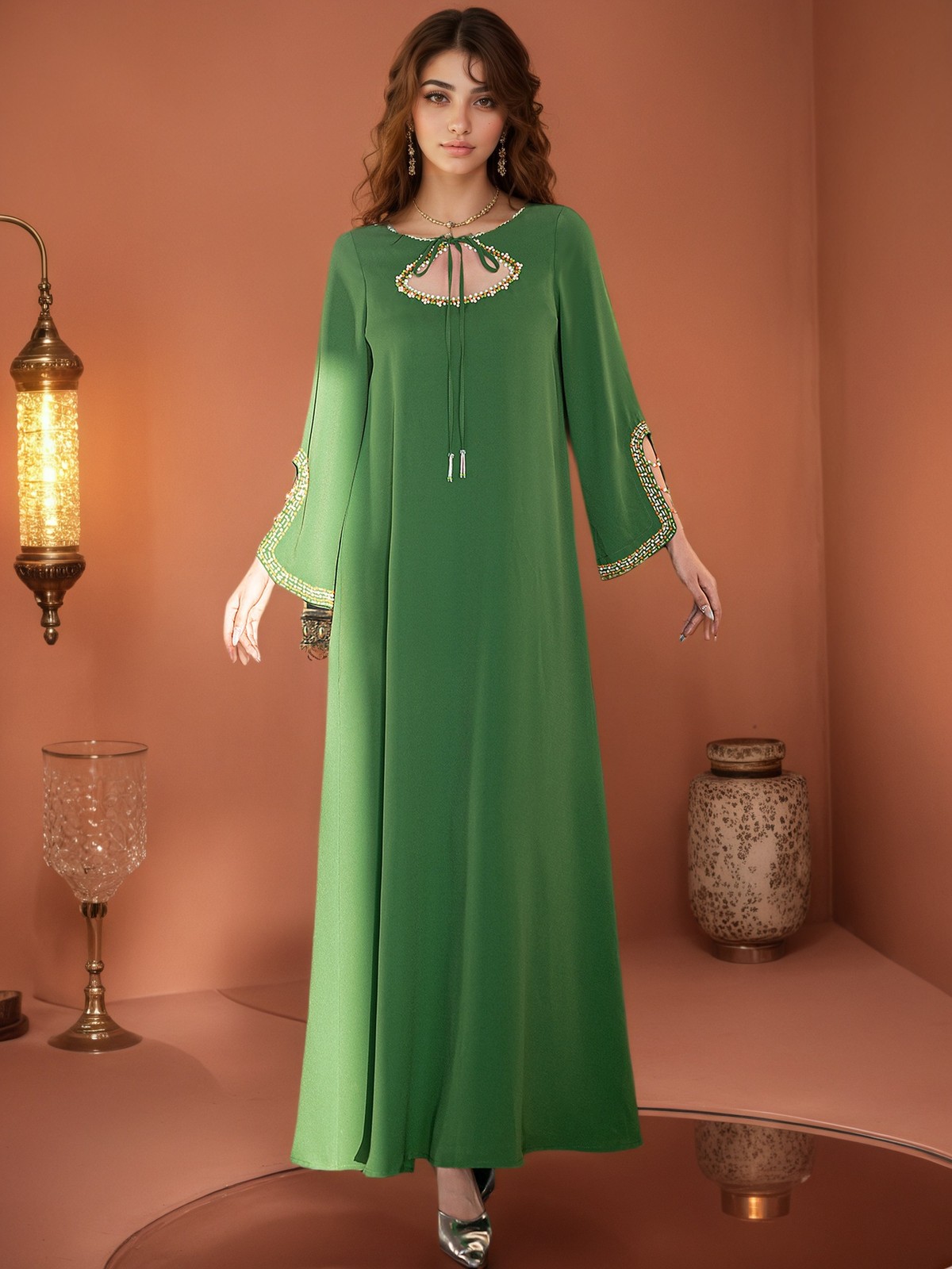 New Women Beaded Dress Elegant Arab Loose Abaya Muslim Kaftan Dubai Party Gown
