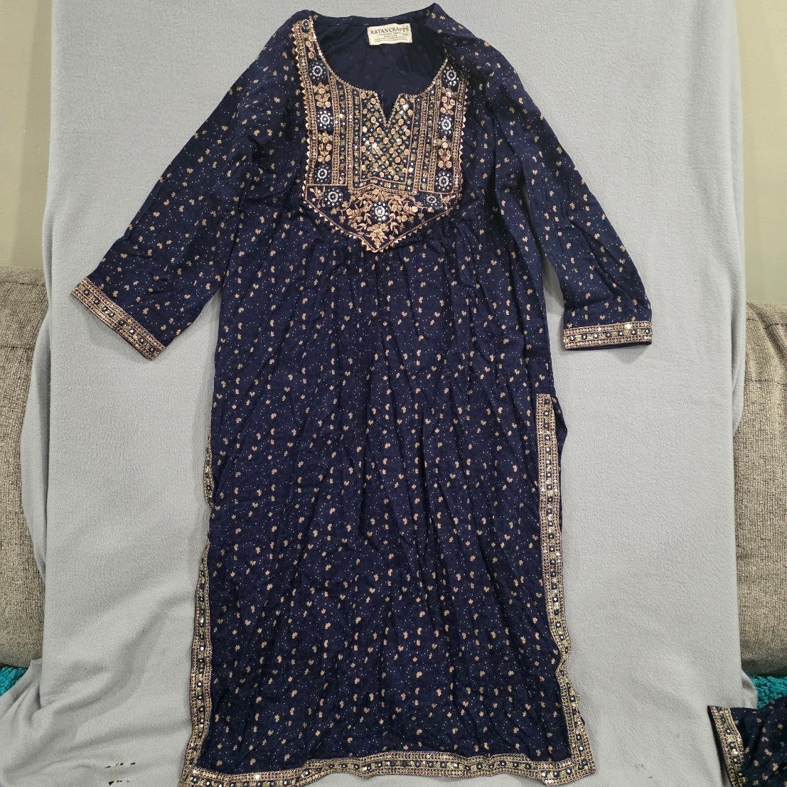 Ratan Crafts Navy Gold Embroidered Salwar Kameez Kurta Pant Dupatta Set XL/42