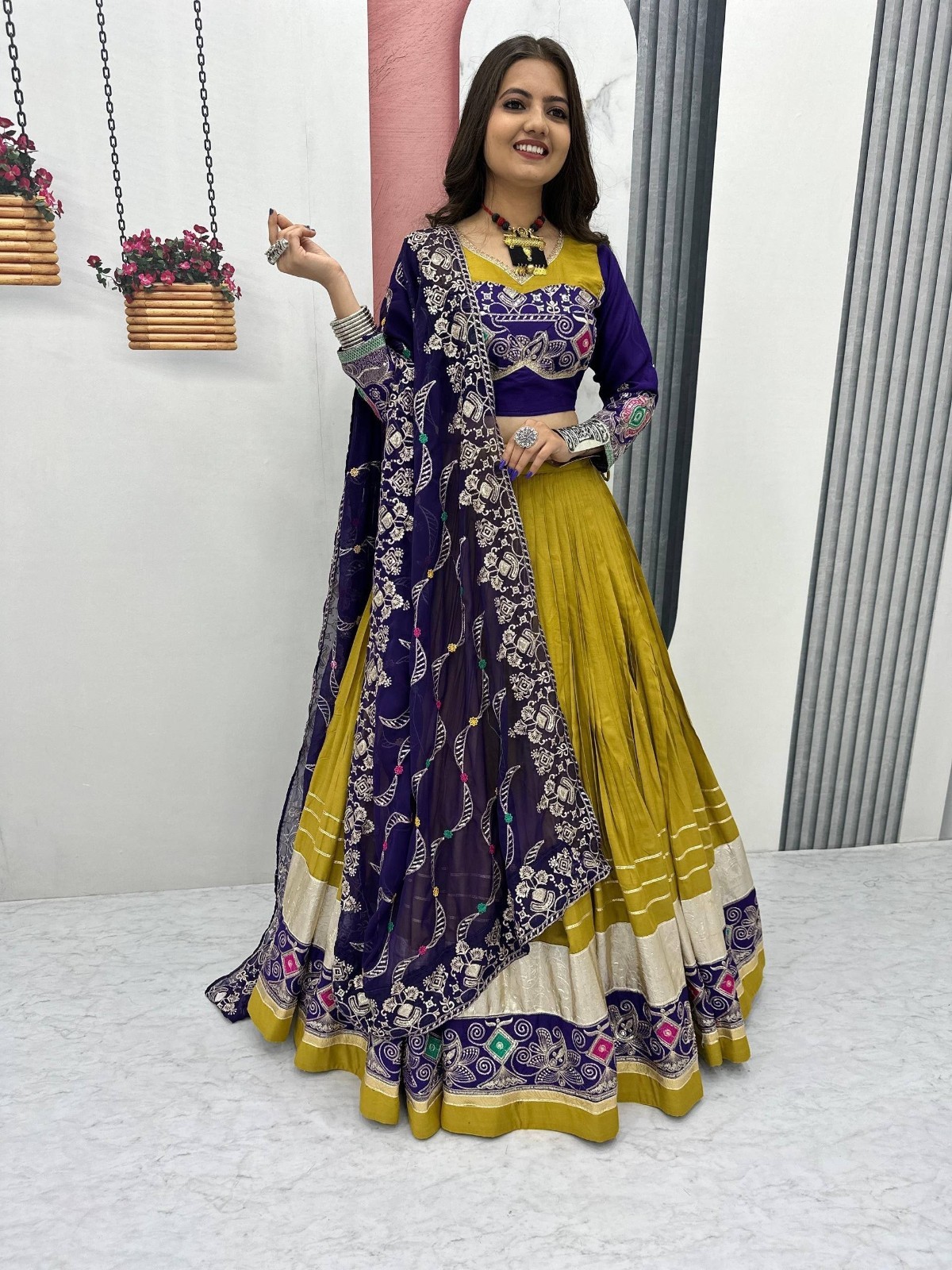 Navratri Pure Cotton Lehenga Choli Embroidery Sequin Garba Outfit Women