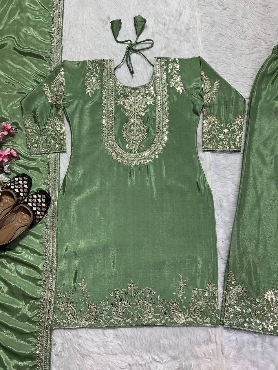 Latest New Heavy Chinon Silk Green Salwar Kameez With Dupatta For Women & Girls