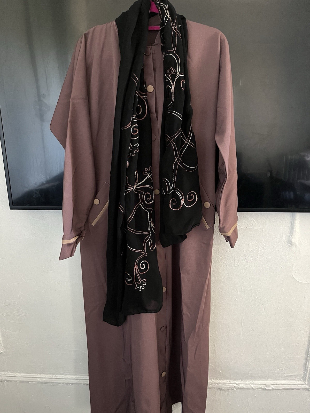 Islamic Dusty mauve Abaya Along with Matching Scarf,Dubai Outfit Set Size M .