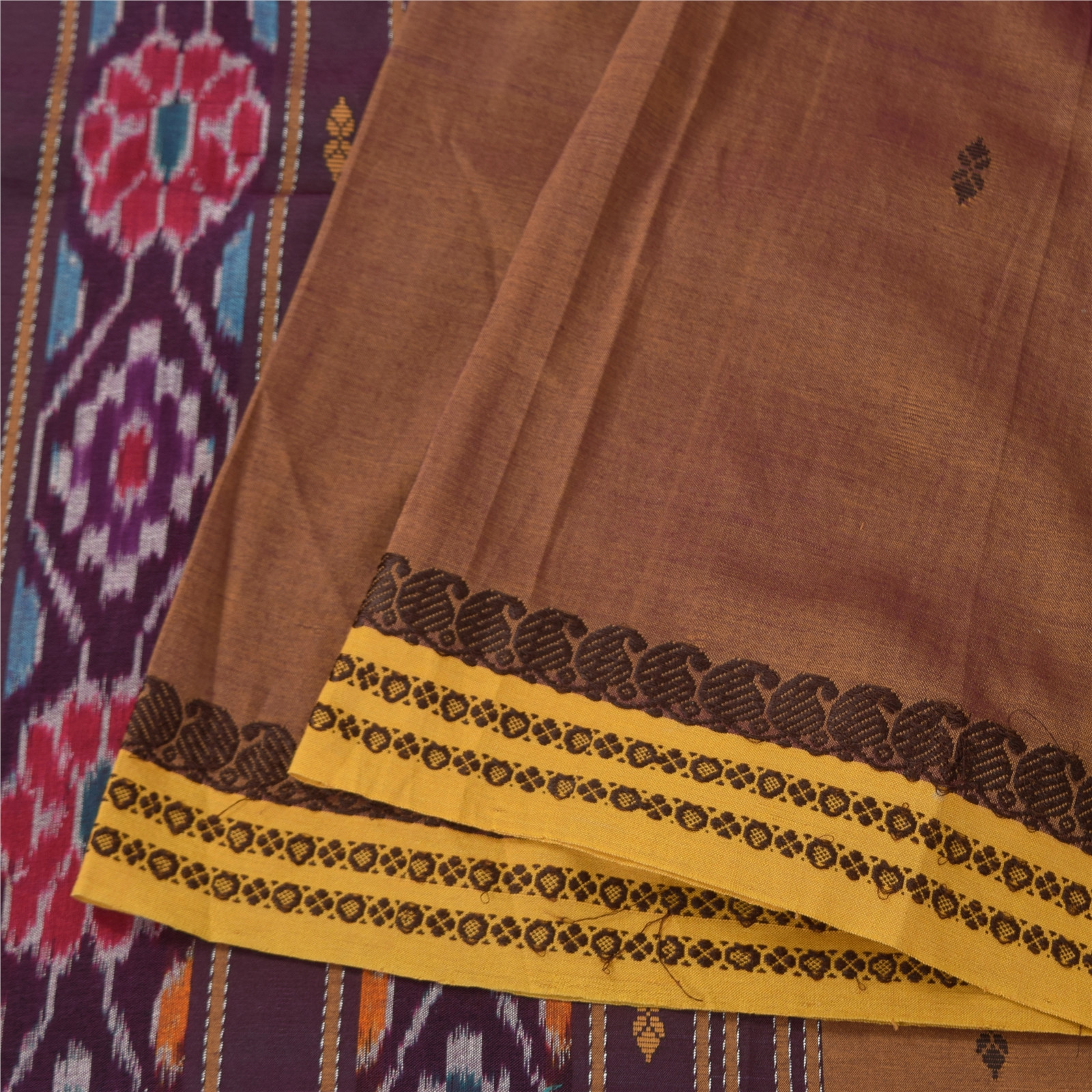 Sanskriti Vintage Brown Sarees Pure Cotton Woven Ikat Sari Premium Craft Fabric