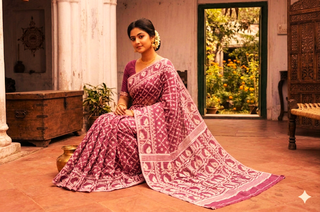 Graceful Indian Traditional Dhakai Jamdani Soft Cotton Handloom Ethnic Saree