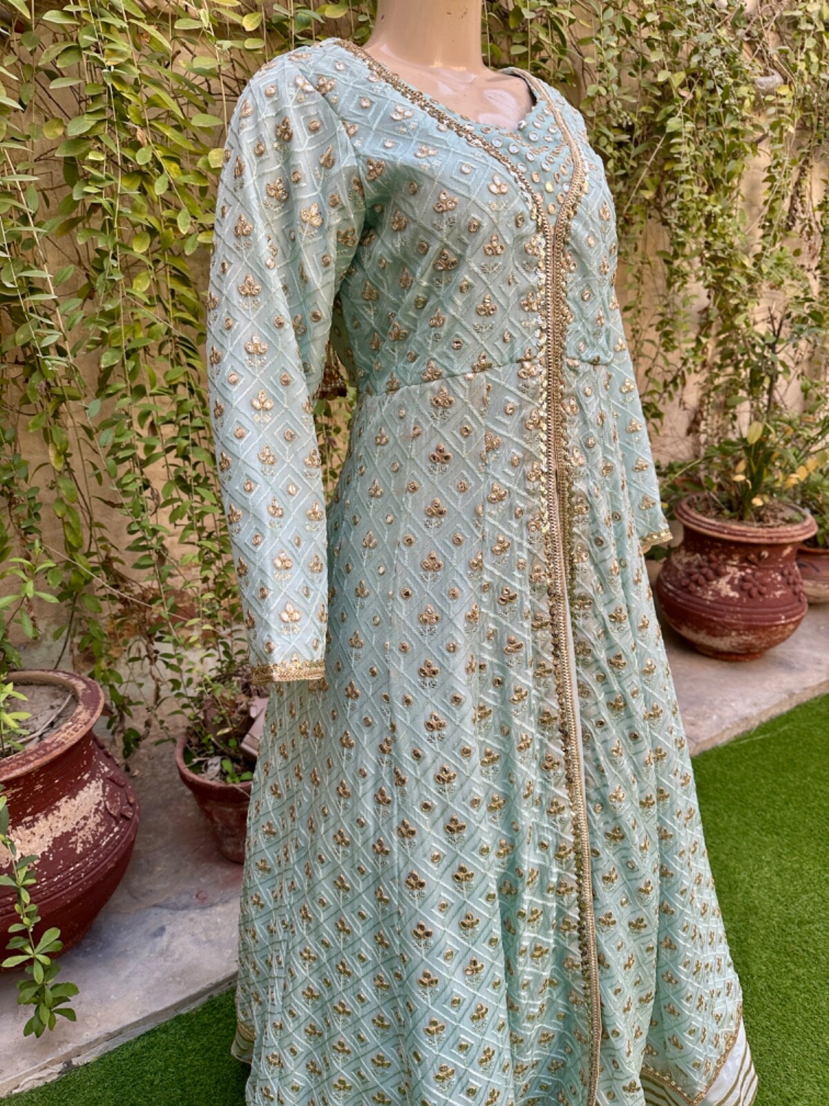 Pakistani Sky Blue double Long Maxi Style Embroidered Sequins Chiffon Dress,XL