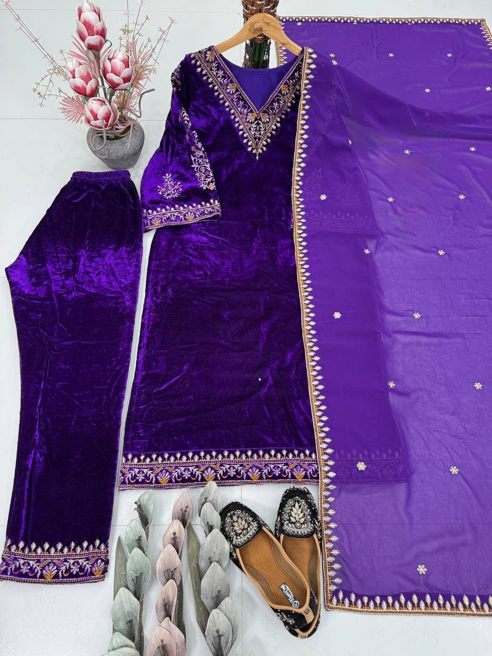 Heavy Viscose Velvet Purple Salwar Kameez With Dupatta For Party Wear