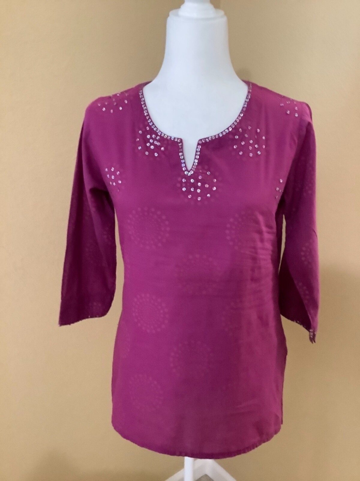 Women’s Indian Boho Tunic Purple with Sequins 3/4 Sleeve Size M