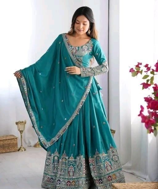 Ready To Wear Chanderi Silk Lehenga Choli Set Embroidered Wedding PartyWear