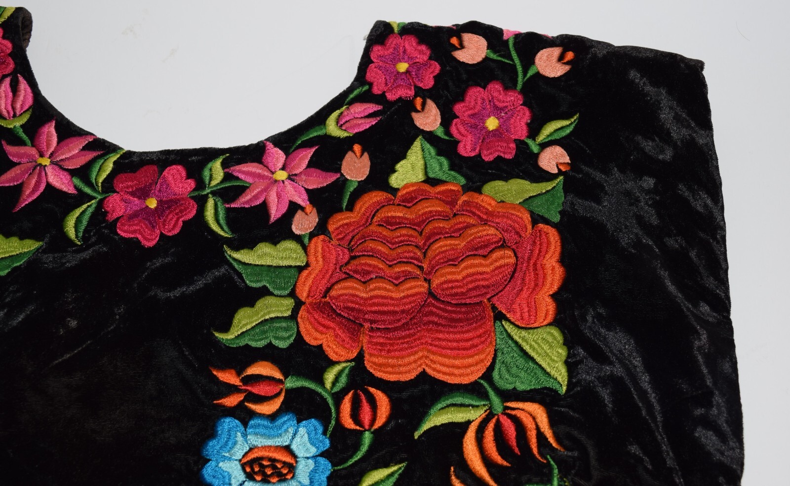 Black Velvet Mexican Folk Blouse Shirt Heavily Embroidered Multicolored Flowers