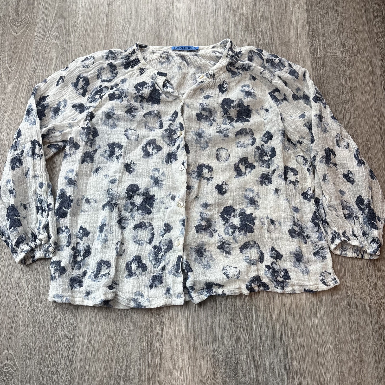 J.McLaughlin Women’s Linen Blouse M Blue Floral Smocked Puff Sleeve Button Front