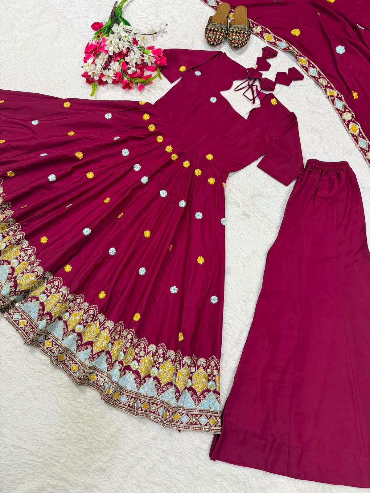 Presenting Natural Crap Maroon Gown Palazzo With Dupatta For Functional Wear