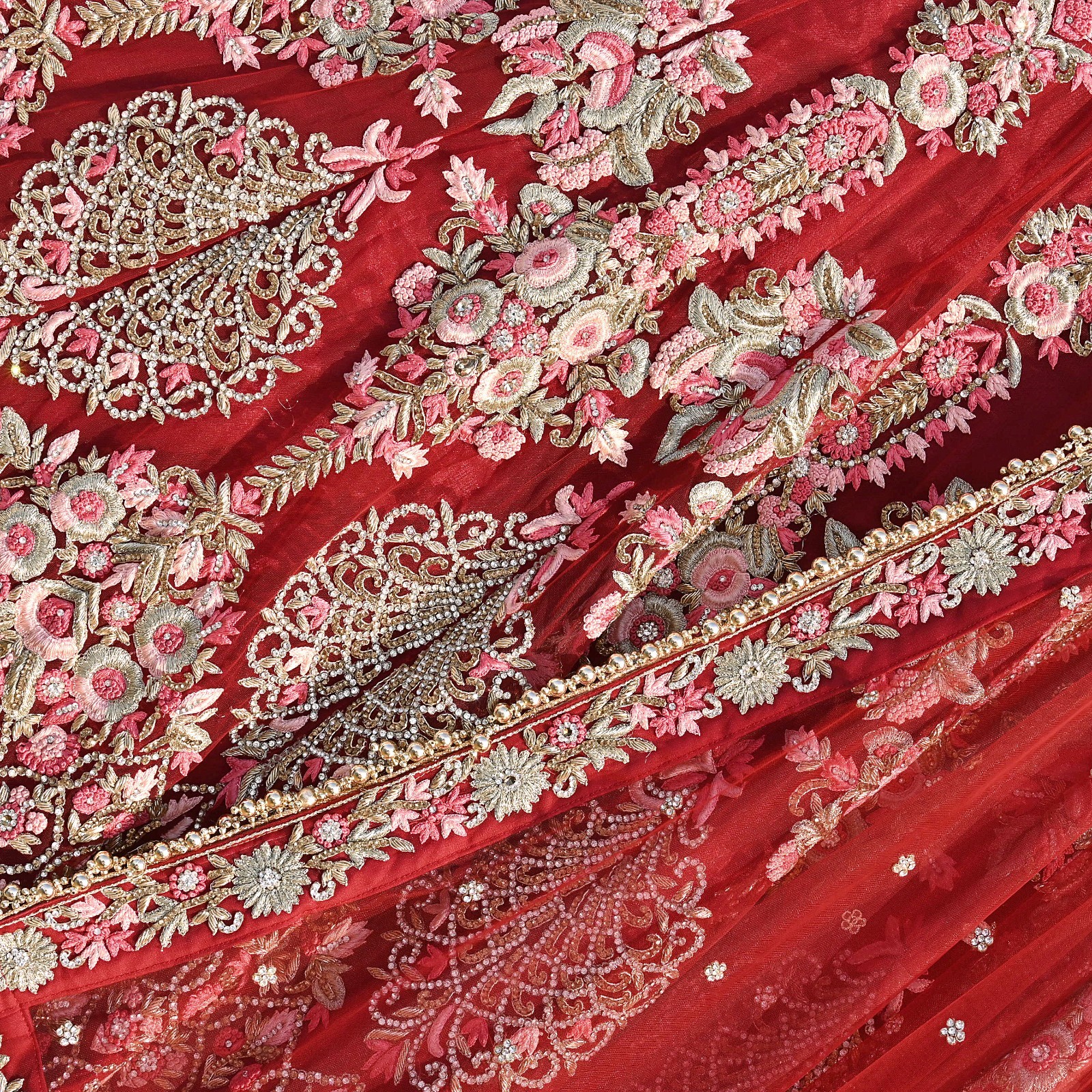 Indian Heavy Wedding Red Net/Mesh Hand Embroidered Lehenga 3pcs Designer Set