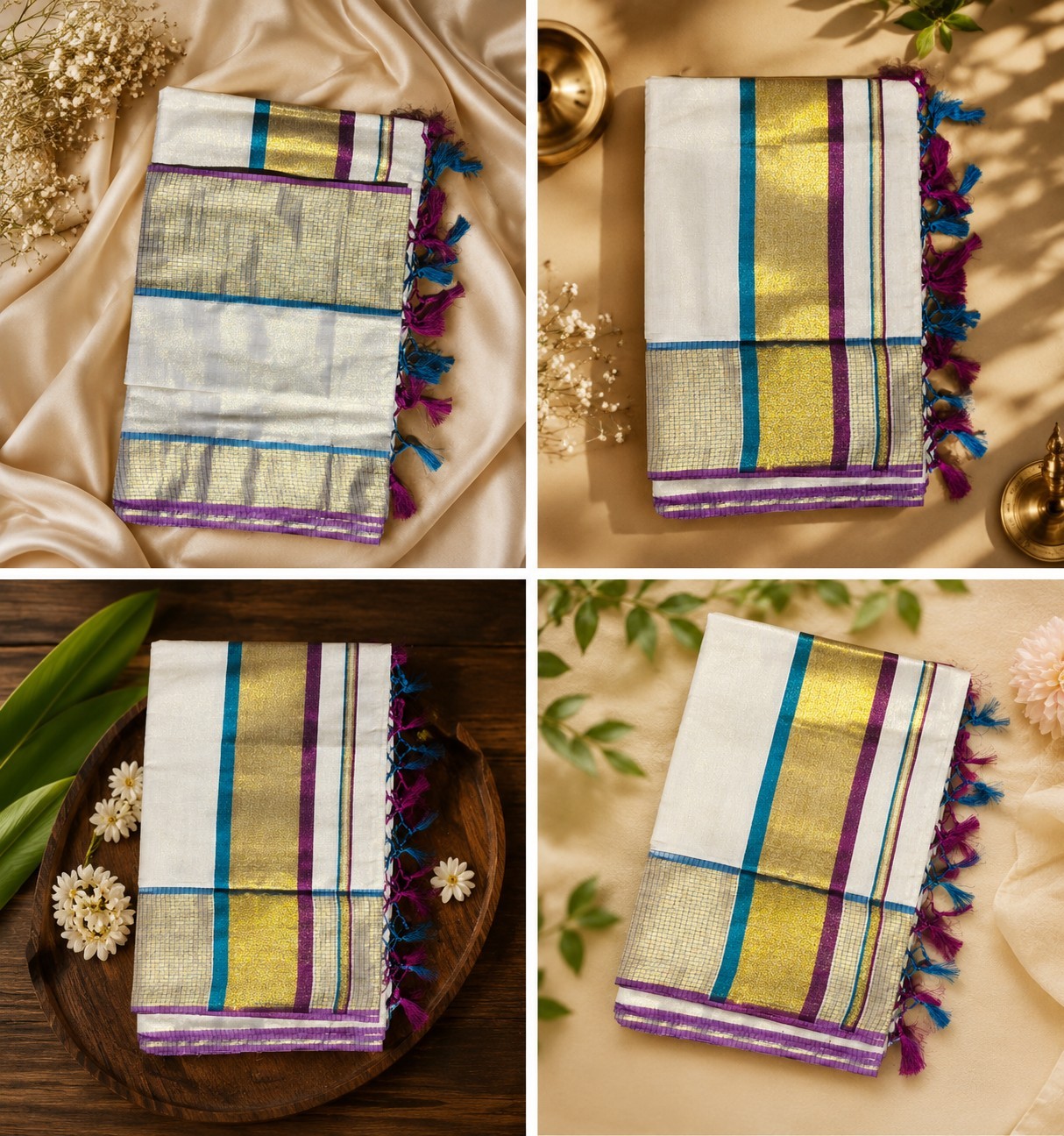 KERALA SAREE Premium Tissue saree with 🦚 blue, Maroon and Golden border 💙💛🤎