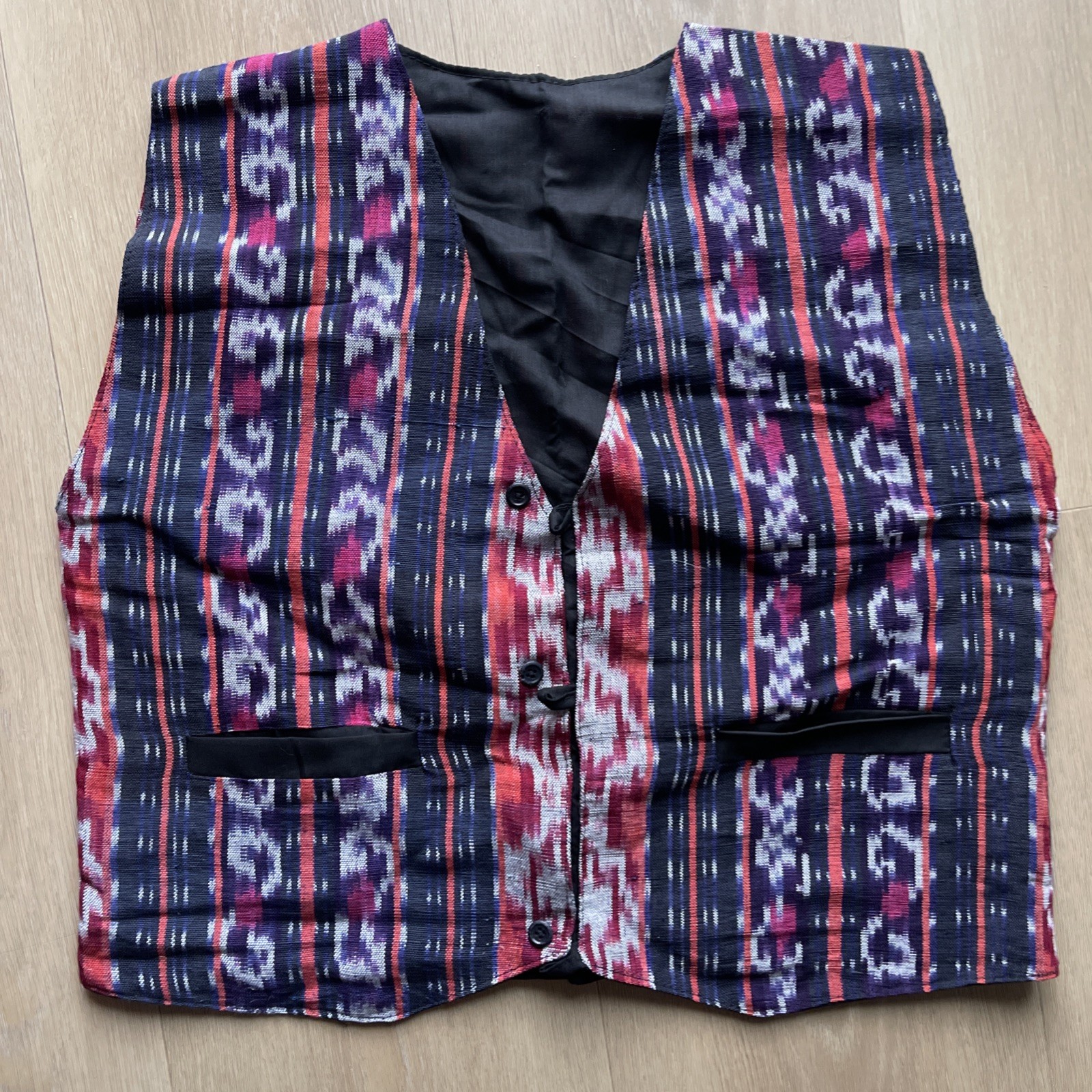 Handmade Traditional Ikat Vest – Black And Vibrant Colors New Without Tag