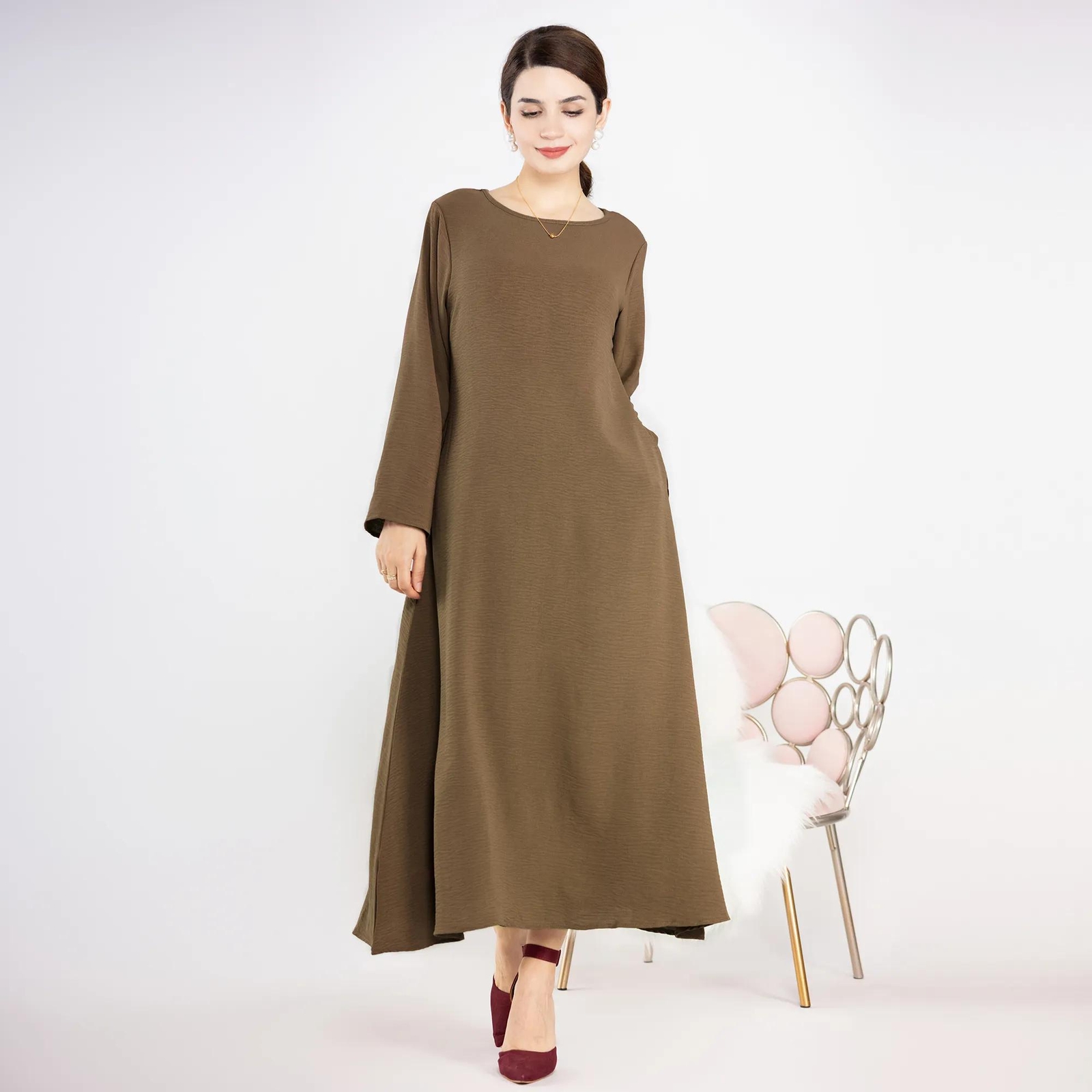 New Muslim Womens Simple Solid Color Long Sleeve Abaya Loose Robe Kaftan