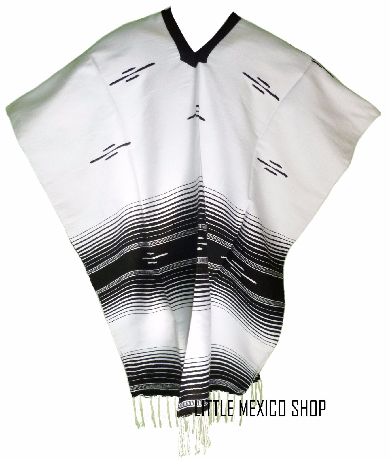 MEXICAN SERAPE PONCHO, ADULT SIZE, WHITE/BLACK, SARAPE GABAN, FIESTA COSTUME
