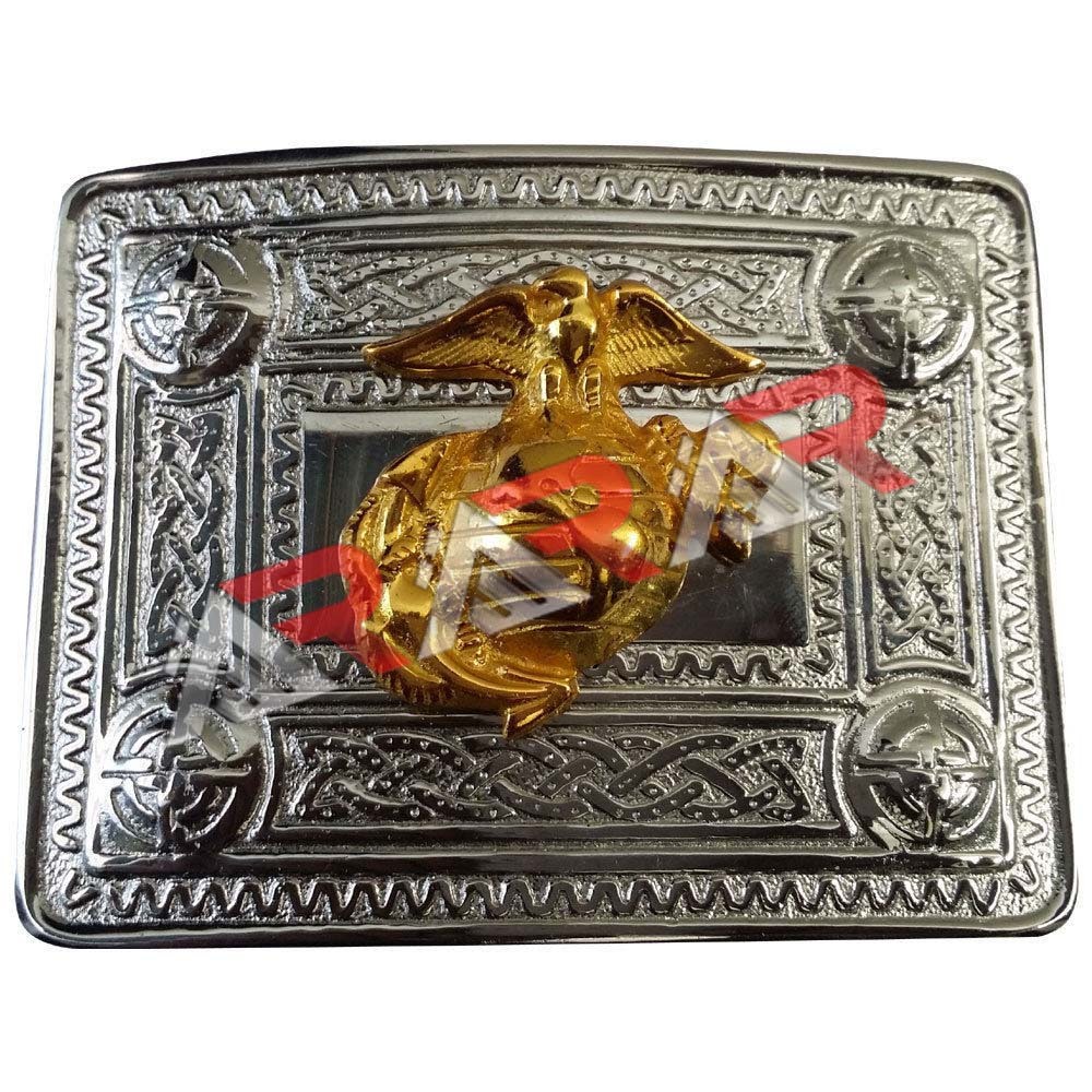 Scottish Kilt Belt Buckle Celtic Design with US Marine Badge Gold