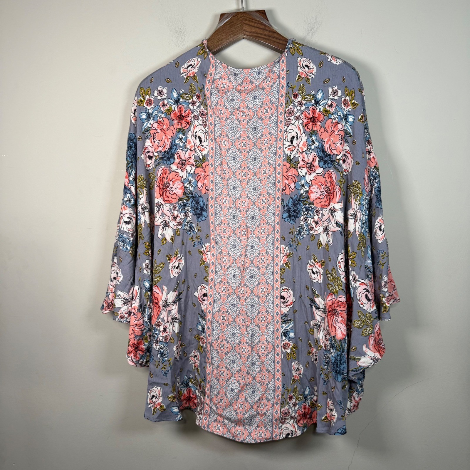 Angie Mixed Pattern Floral Boho Open Front Kimono Cardigan Medium