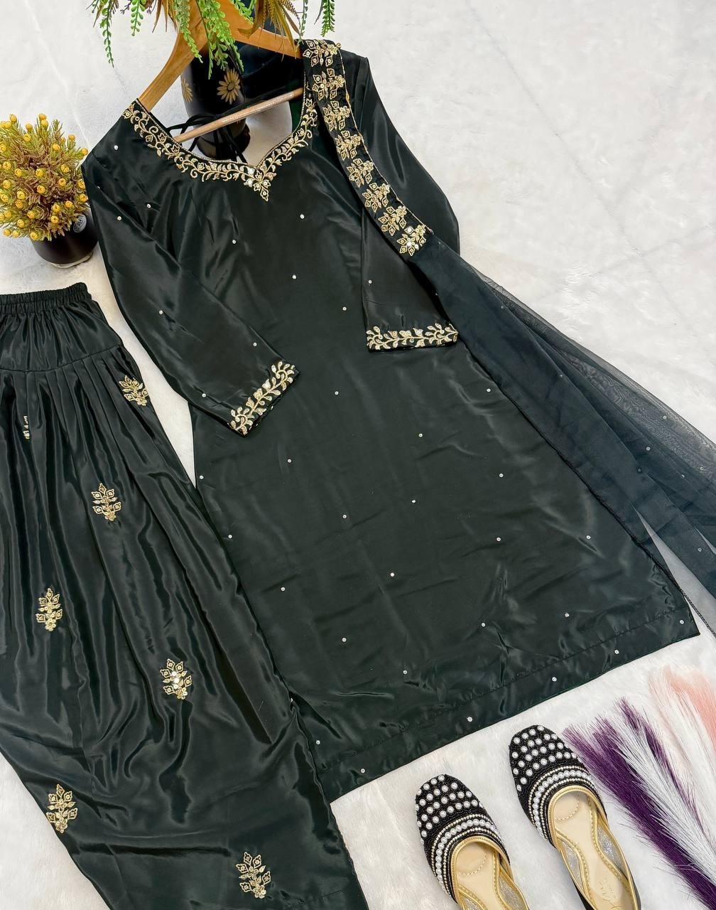 Latest Heavy Natural Crep Silk Black Top Bottom With Dupatta For Festival Wear