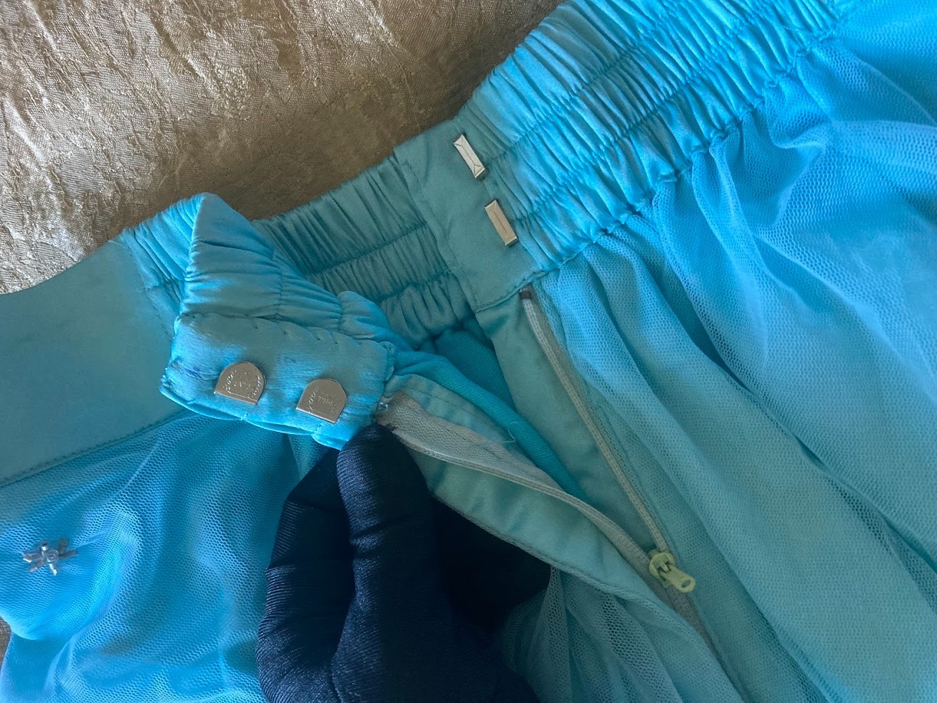 Vintage Indian Sky Blue Tulle Lehenga Skirt Glass Bugle Bead Silver Zardozi 44″