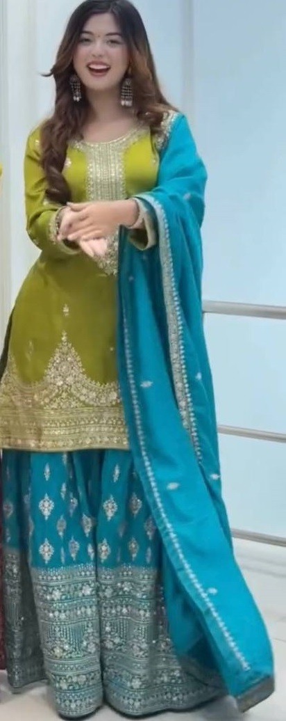 Latest Designer Olive Green Chinon Silk Kurta Palazzo With Dupatta For Women