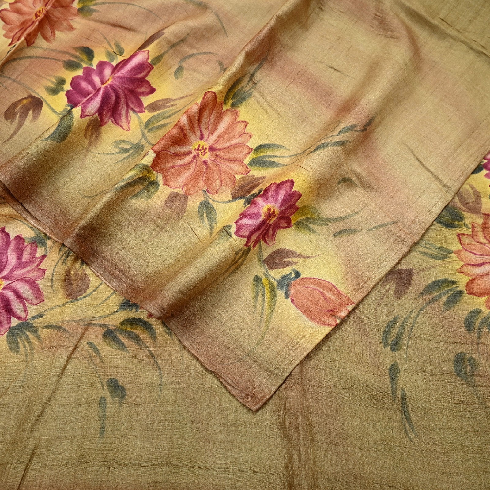 Vintage Beige & Green Saree Pure Khadi Silk Handloom Printed Sari Fabric 6yd Eth