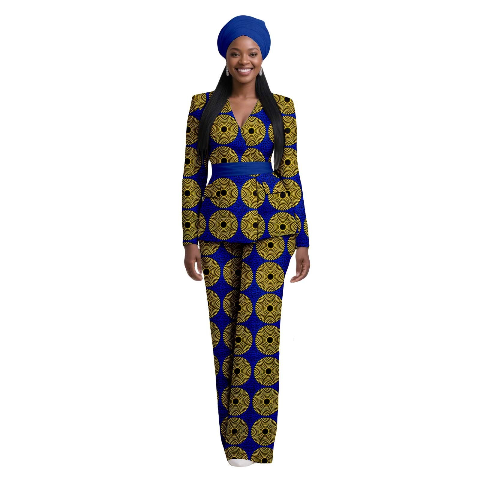 African Outfit for Women Long Sleeve Coat and Floor Length Pants with Headscarf