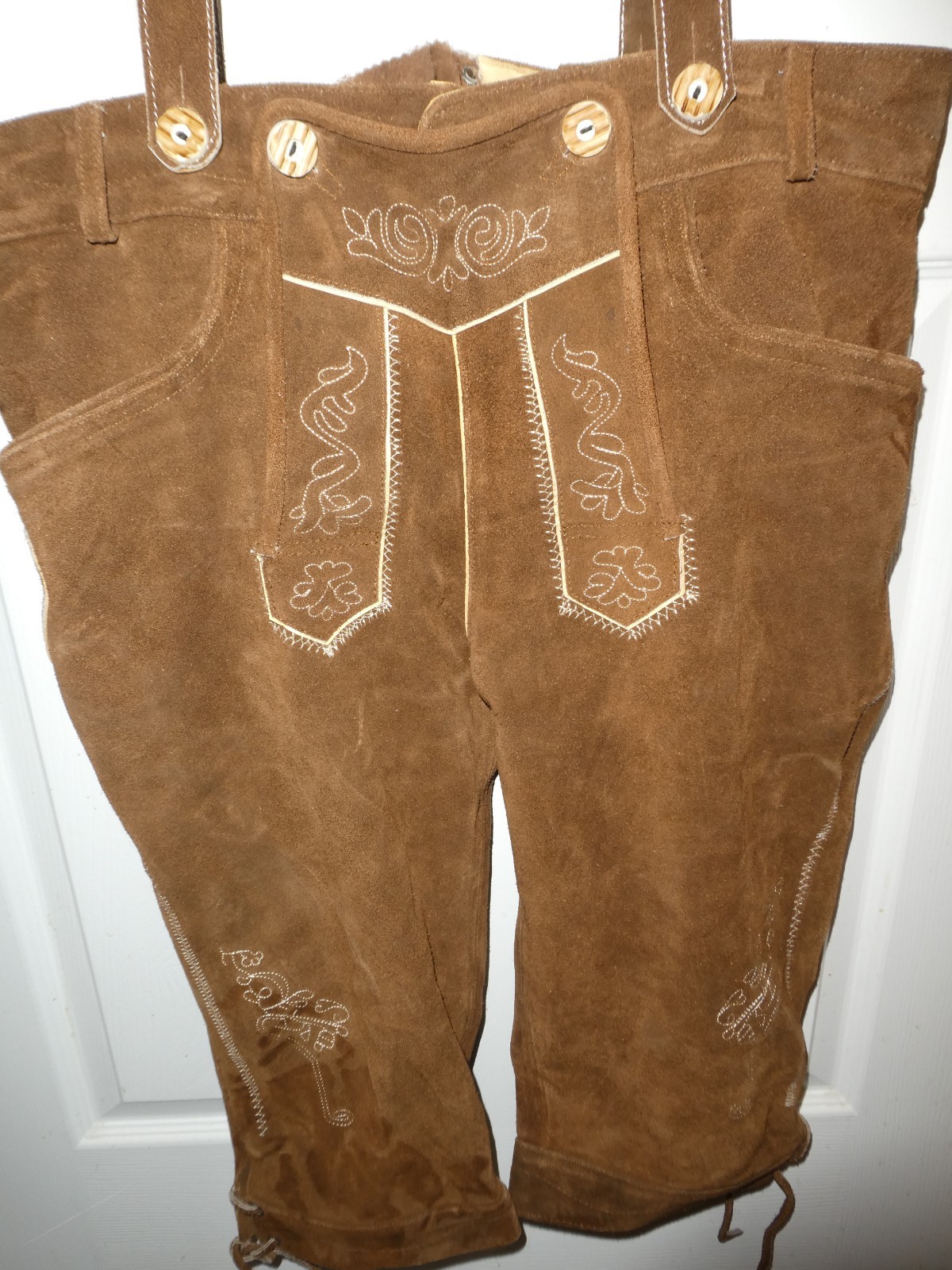 Men’s Brown Suede Leather Lederhosen Traditional German Shorts w/ Suspenders 36